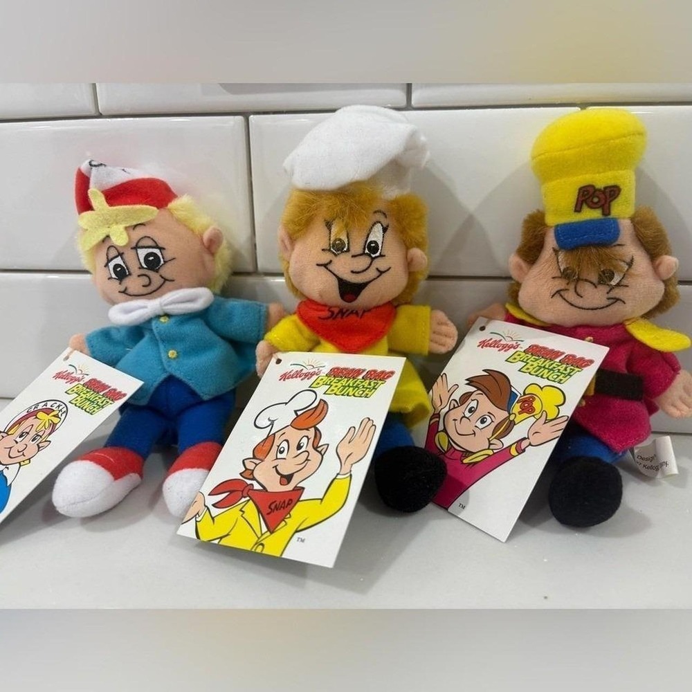 1997 Kellogg's Bean Bag Breakfast Bunch Snap Crackle Pop Plush Dolls NWT Set
